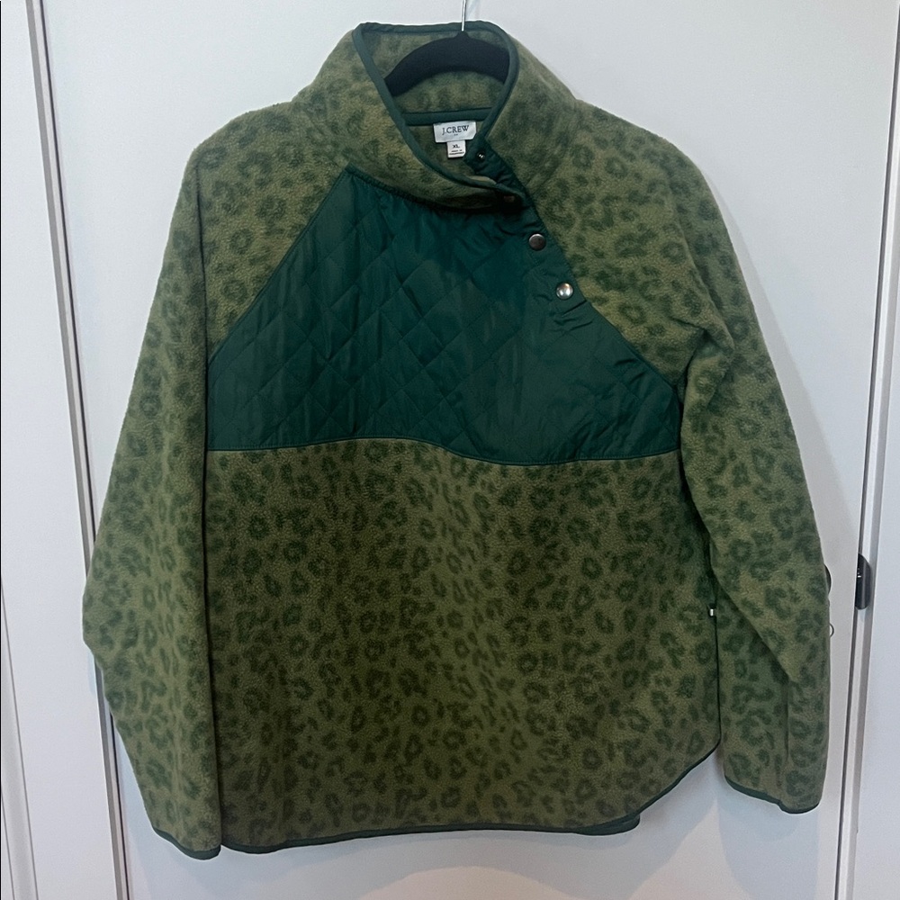 J. Crew Fleece Quilted Green Leopard Print Pullover
